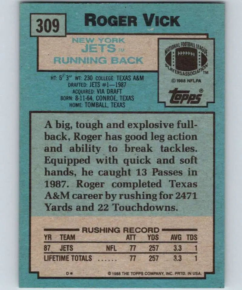 1988 Topps #309 Roger Vick EX Excellent New York Jets Football Card - Football Card Single