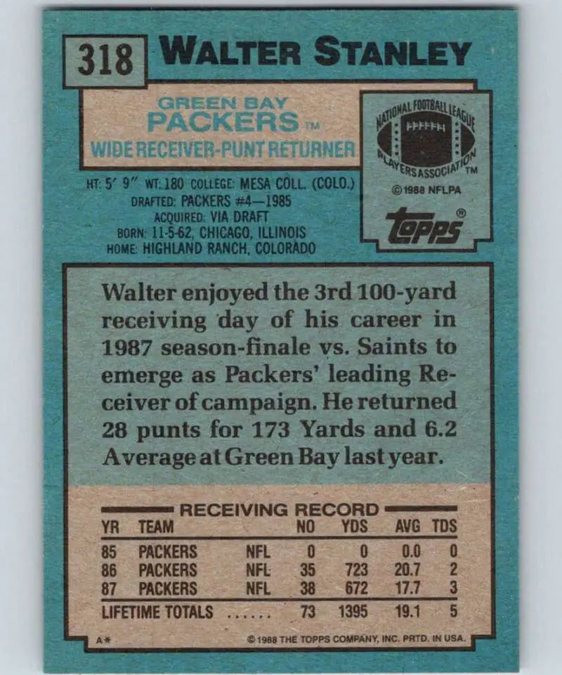 1988 Topps #318 Walter Stanley EX Excellent Green Bay Packers Football Card - Football Card Single