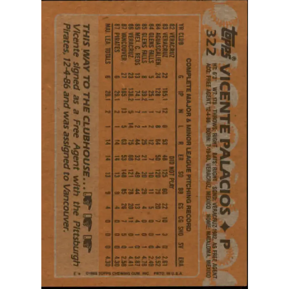 1988 Topps #322 Vicente Palacios NM-MT RC Rookie Pittsburgh Pirates Baseball Card - Baseball Card Single