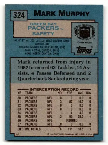 Original gloss Mark Murphy Green football card from 1988 Topps Green Bay Packers