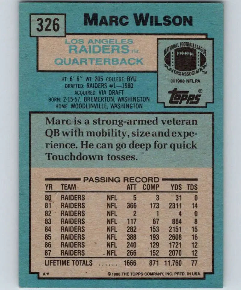1988 Topps #326 Marc Wilson EX Excellent Los Angeles Raiders Football Card - Football Card Single