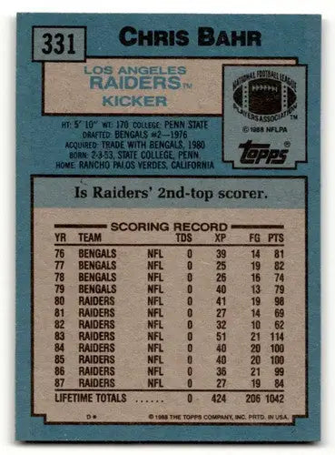 1988 Topps Chris Bahr Los Angeles Raiders football card showcasing Los Angeles player