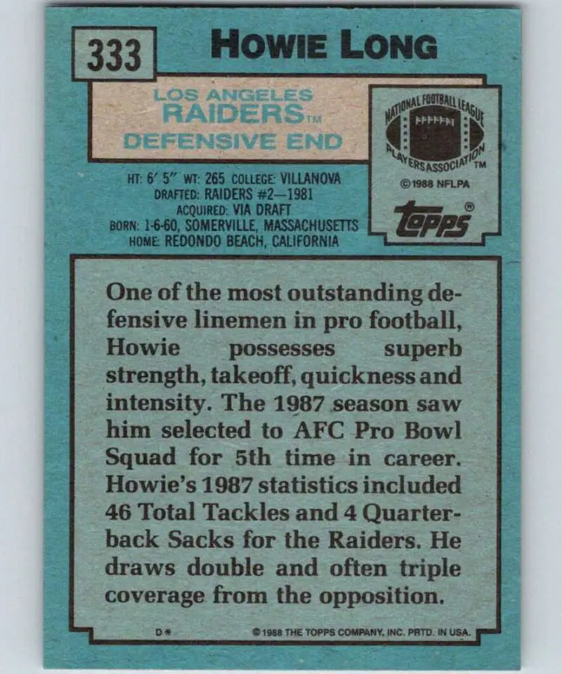 1988 Topps #333 Howie Long EX Excellent Los Angeles Raiders Football Card - Football Card Single