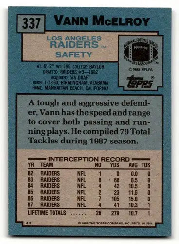 Vann McElroy Los Angeles Raiders football card from 1988 Topps series