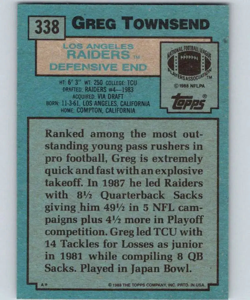 1988 Topps #338 Greg Townsend EX Excellent Los Angeles Raiders Football Card - Football Card Single