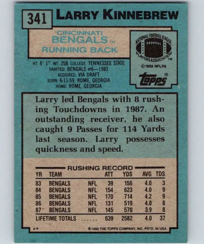 1988 Topps #341 Larry Kinnebrew EX Excellent Cincinnati Bengals Football Card - Football Card Single