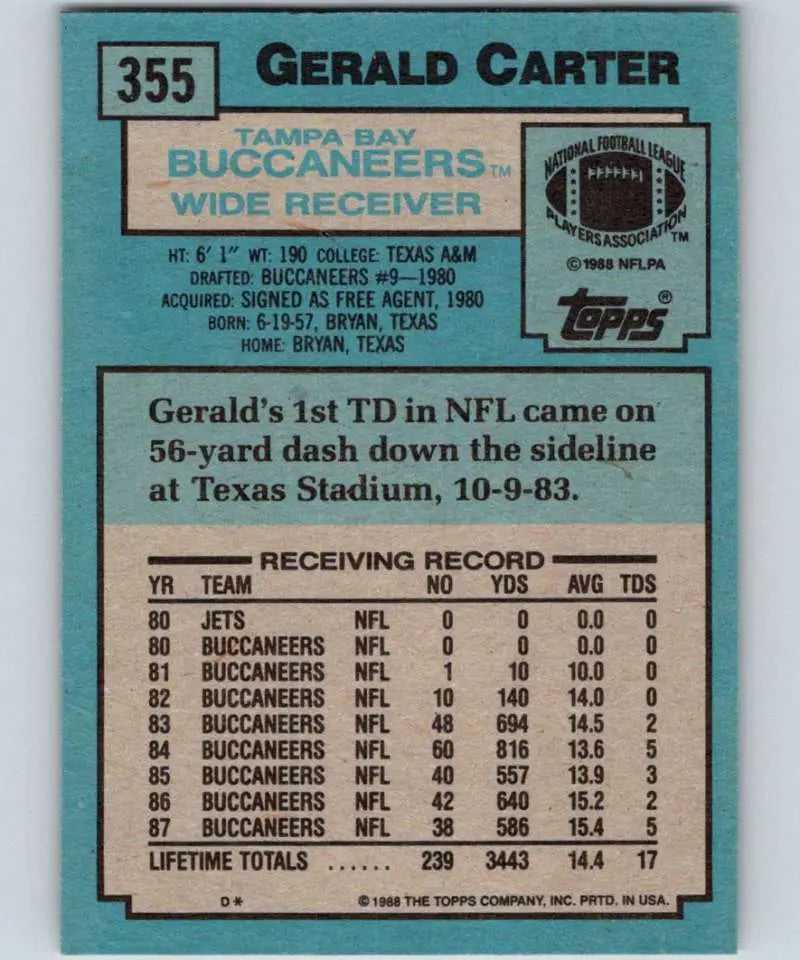 1988 Topps #355 Gerald Carter EX Excellent Tampa Bay Buccaneers Football Card - Football Card Single