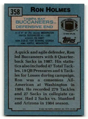 Ron Holmes Tampa Bay football card from 1988 Topps set displaying Ron Holmes in Tampa Buccaneers gear