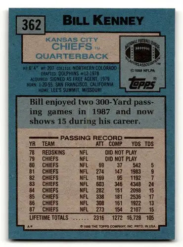 Bill Kenney Kansas City Chiefs football card from 1988 Topps #362