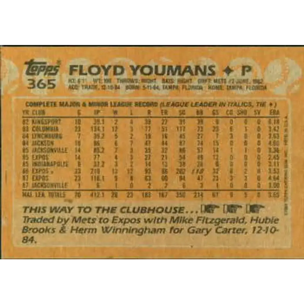 1988 Topps #365 Floyd Youmans NM-MT Montreal Expos Baseball Card - Baseball Card Single