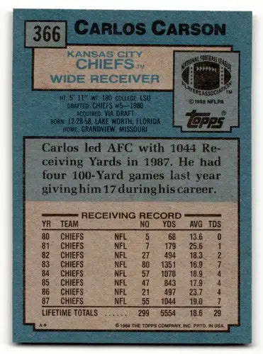 1988 Topps Carlos Carson Kansas City Chiefs football card with original gloss