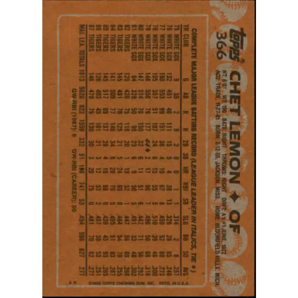 1988 Topps #366 Chet Lemon NM-MT Detroit Tigers Baseball Card - Baseball Card Single