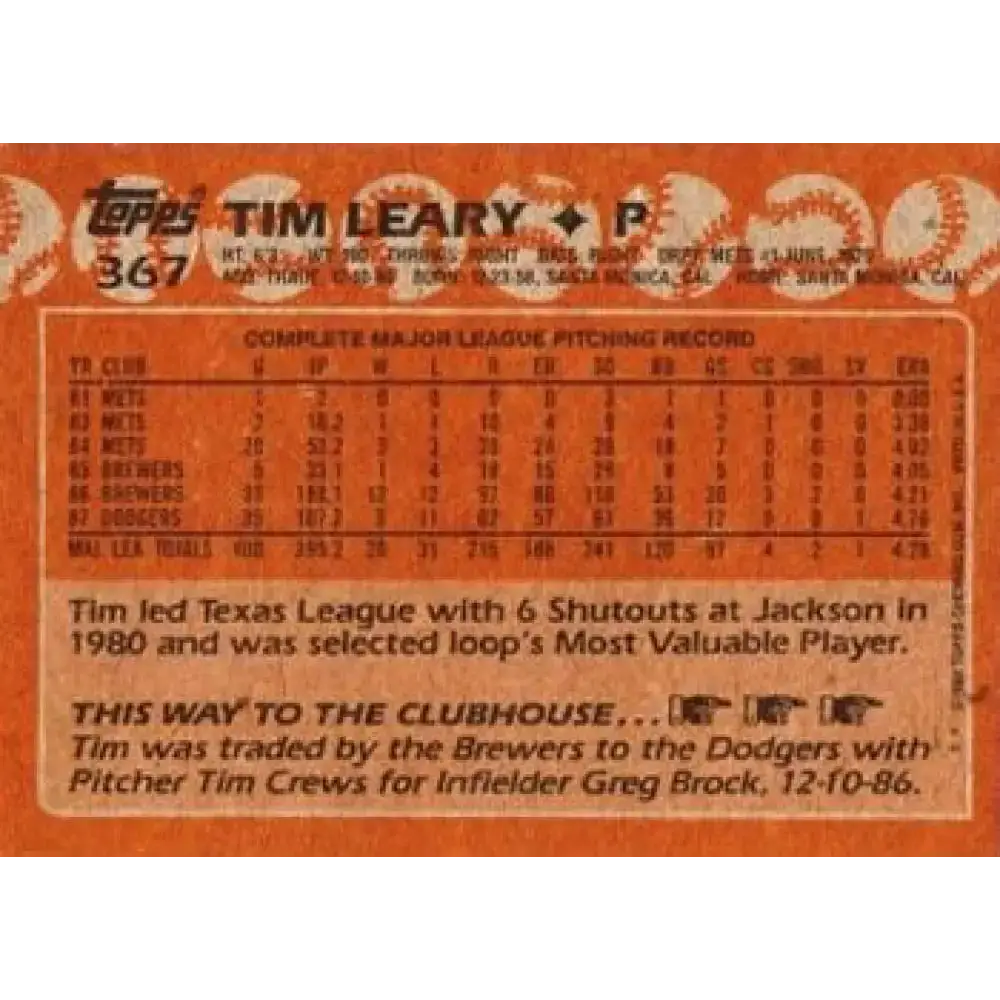 1988 Topps #367 Tim Leary NM-MT Los Angeles Dodgers Baseball Card