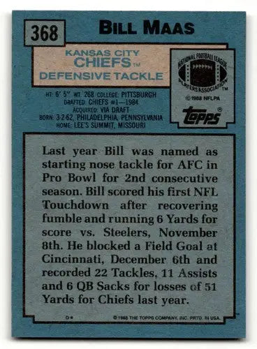 Back of 1988 Topps Bill Maas Kansas City Chiefs football card with player details