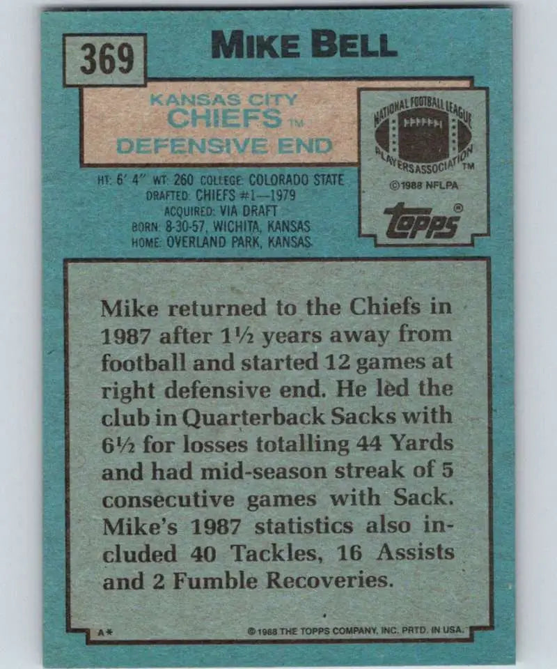 1988 Topps #369 Mike Bell EX Excellent Kansas City Chiefs Football Card - Football Card Single