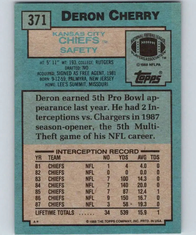 1988 Topps #371 Deron Cherry EX Excellent Kansas City Chiefs Football Card - Football Card Single