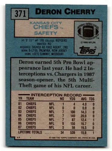 Original gloss Deron Cherry Kansas football card from 1988 Topps featuring Cherry Kansas City