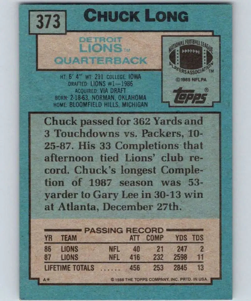1988 Topps #373 Chuck Long EX Excellent Detroit Lions Football Card - Football Card Single