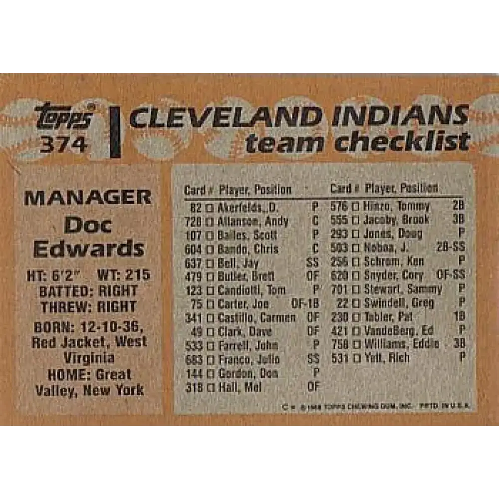 1988 Topps #374 Doc Edwards NM-MT Cleveland Indians Baseball Card - Baseball Card Single