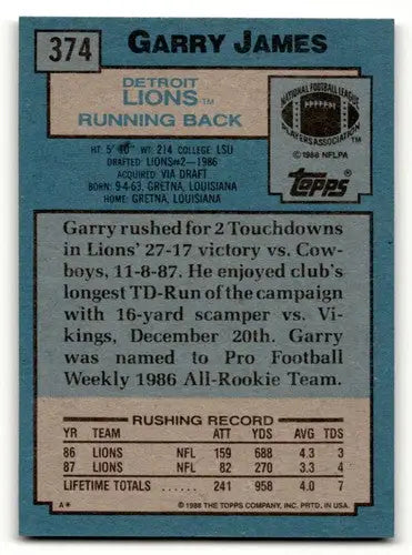Garry James Detroit football card from 1988 Topps #374 featuring James Detroit Lions