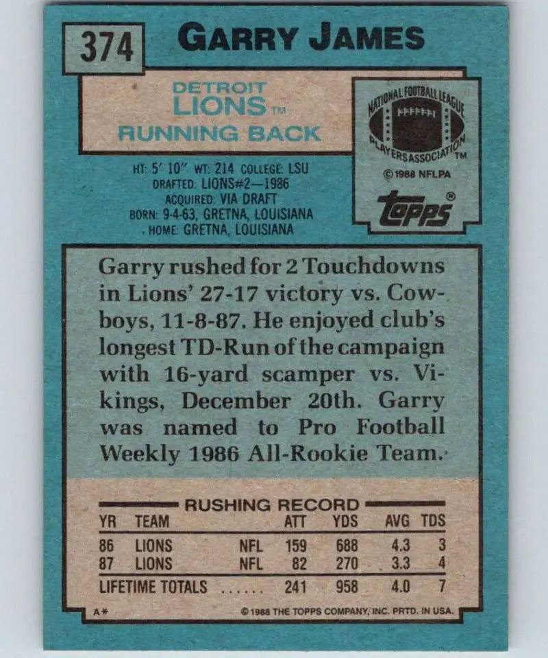 1988 Topps #374 Garry James EX Excellent Detroit Lions Football Card - Football Card Single