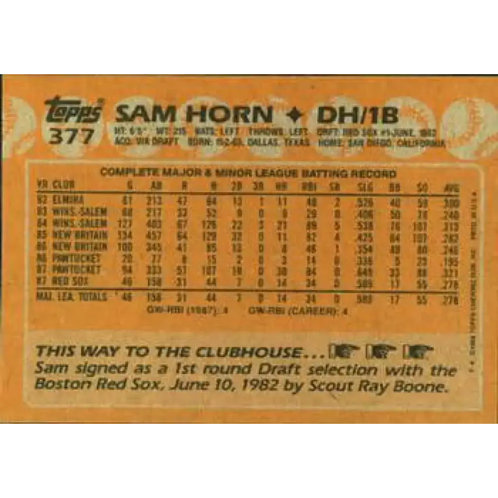 1988 Topps #377 Sam Horn NM-MT RC Rookie Boston Red Sox Baseball Card - Baseball Card Single