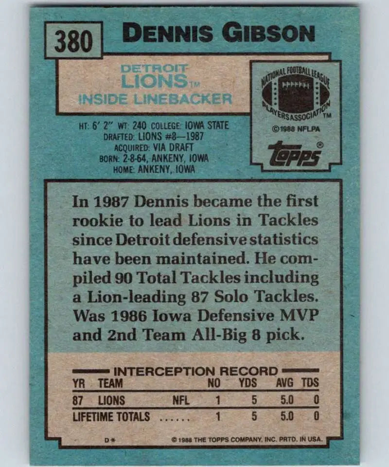1988 Topps #380 Dennis Gibson EX Excellent RC Rookie Detroit Lions Football Card - Football Card Single
