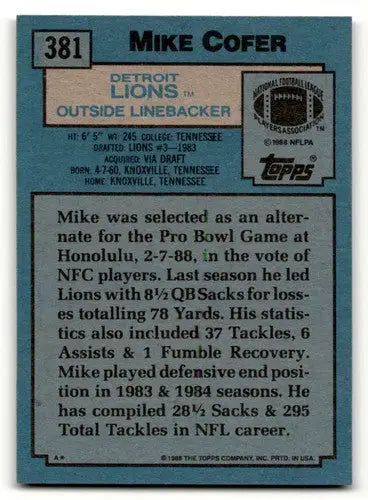 Original gloss Michael Cofer Detroit football card featuring Cofer Detroit Lions team