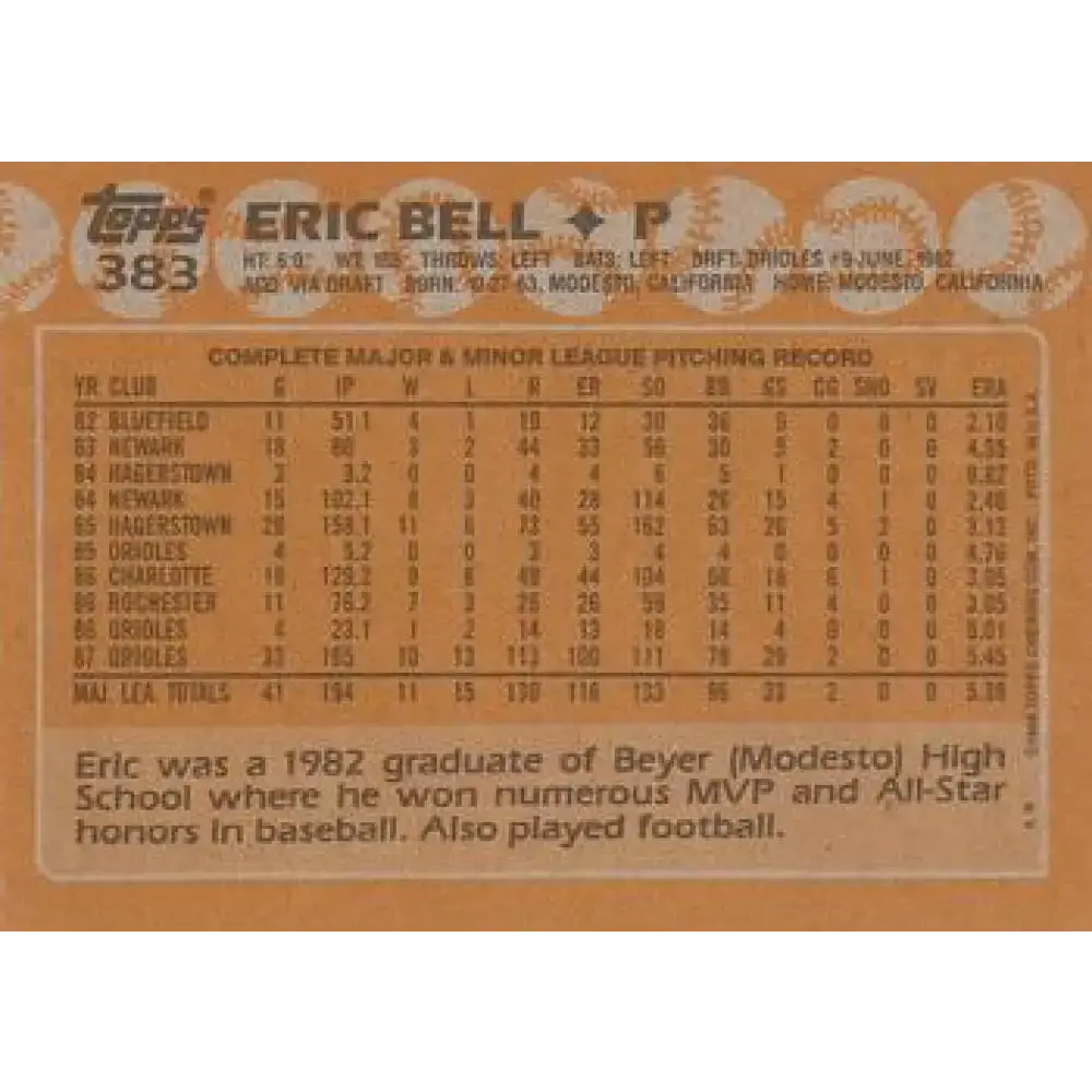 1988 Topps #383 Eric Bell NM-MT Baltimore Orioles Baseball Card - Baseball Card Single