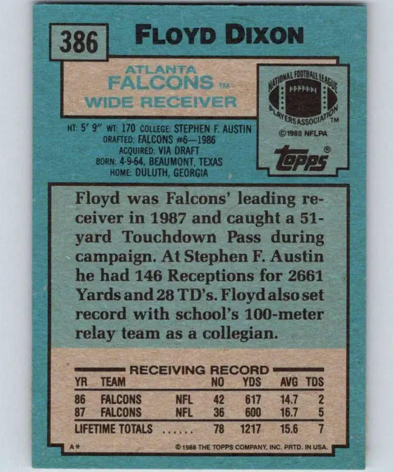 1988 Topps #386 Floyd Dixon EX Excellent RC Rookie Atlanta Falcons Football Card - Football Card Single