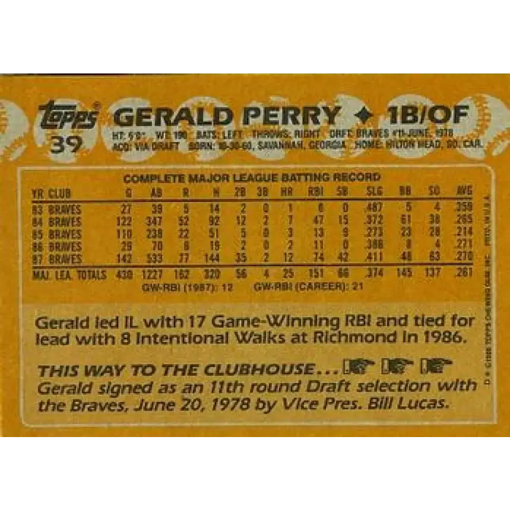 1988 Topps #39 Gerald Perry NM-MT Atlanta Braves Baseball Card