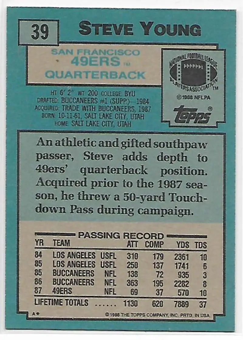 1988 Topps #39 Steve Young EX Excellent San Francisco 49ers Football Card - Football Card Single