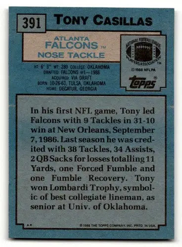 1988 Topps Tony Casillas Atlanta Falcons football card, perfect for Casillas Atlanta Falcons collectors