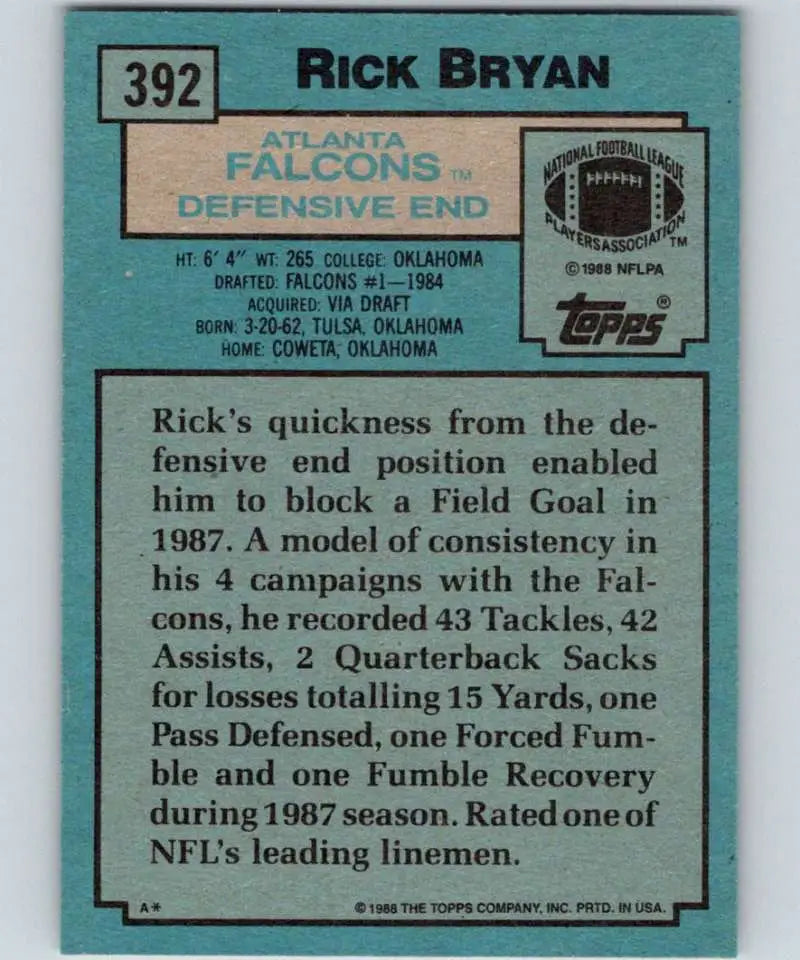 1988 Topps #392 Rick Bryan EX Excellent Atlanta Falcons Football Card - Football Card Single