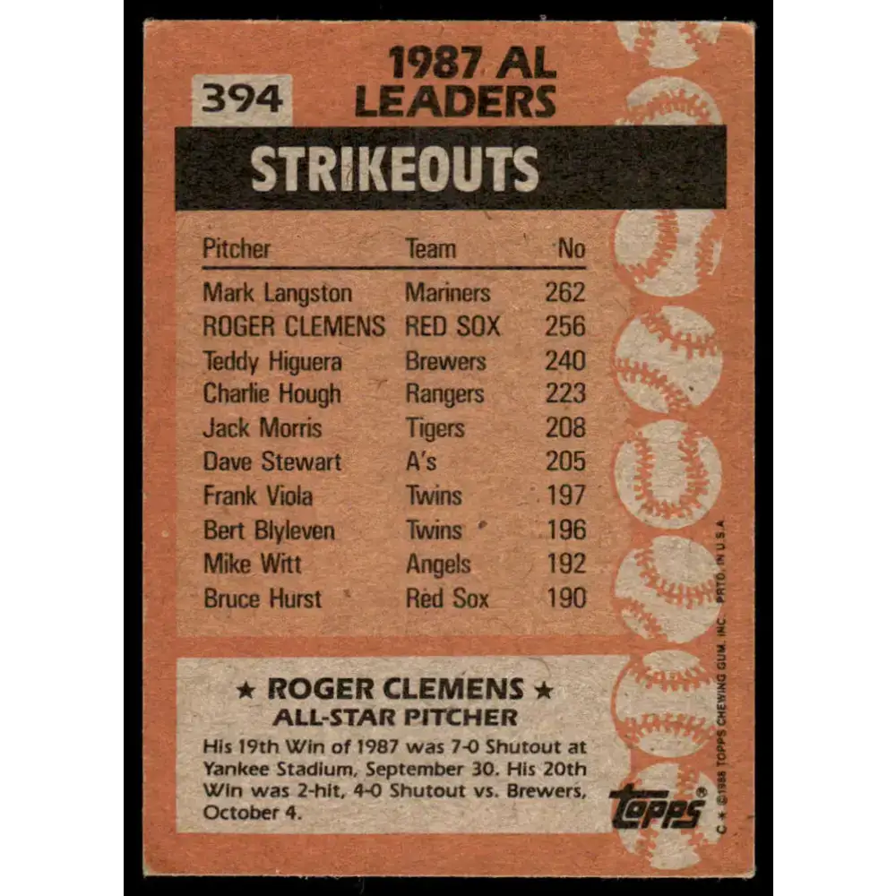 1988 Topps #394 Roger Clemens EX/NM Boston Red Sox Baseball Card - Baseball Card Single