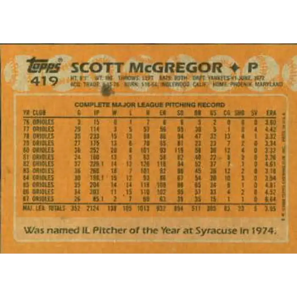 1988 Topps #419 Scott McGregor NM-MT Baltimore Orioles Baseball Card - Baseball Card Single