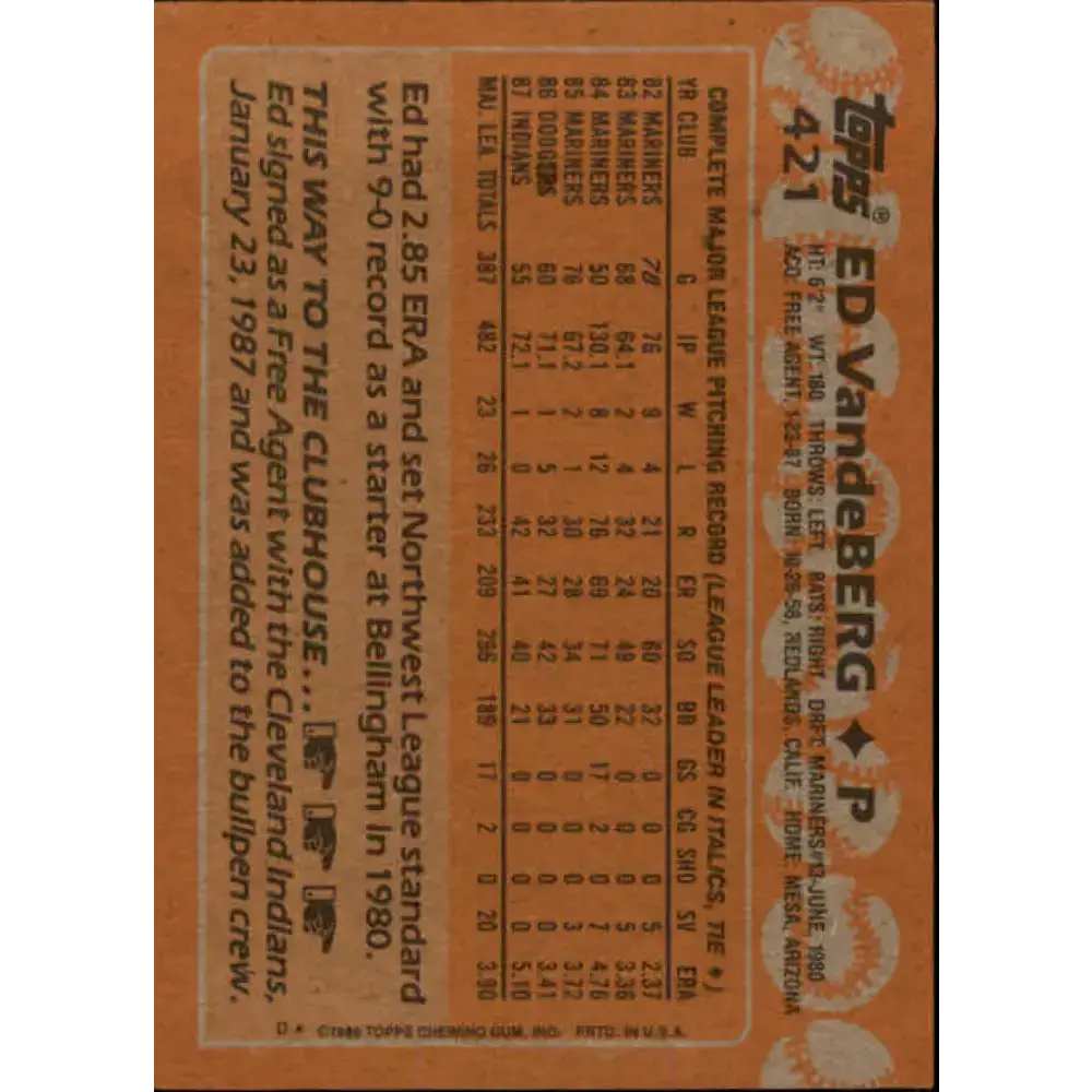 1988 Topps #421 Ed Vande Berg NM-MT Cleveland Indians Baseball Card