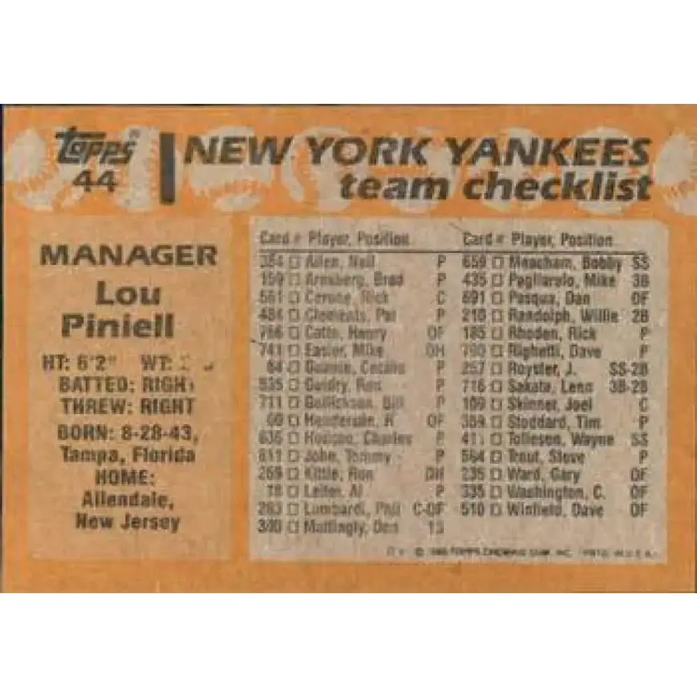 1988 Topps #44 Lou Piniella NM-MT New York Yankees Baseball Card - Baseball Card Single