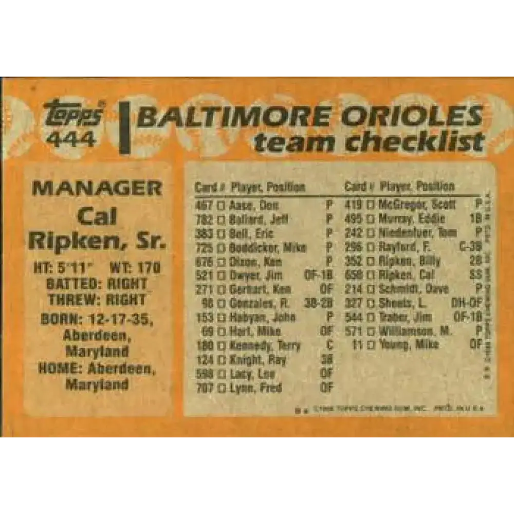 1988 Topps #444 Cal Ripken Sr. NM-MT Baltimore Orioles Baseball Card - Baseball Card Single