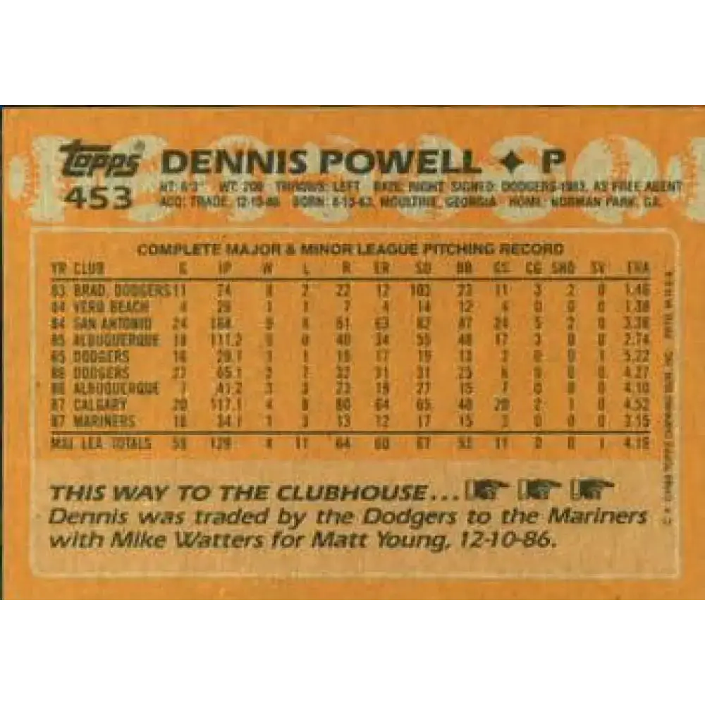 1988 Topps #453 Dennis Powell NM-MT Seattle Mariners Baseball Card - Baseball Card Single
