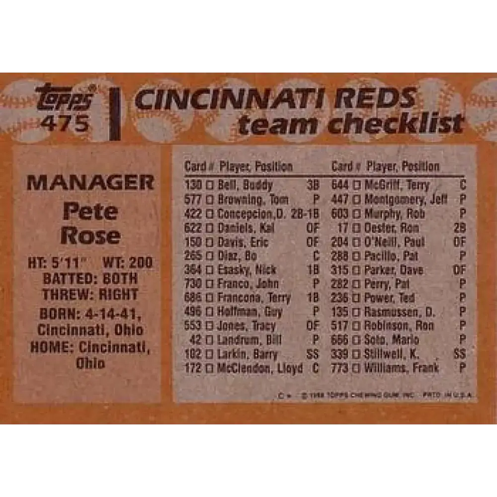 1988 Topps #475 Pete Rose NM-MT Cincinnati Reds Baseball Card - Baseball Card Single