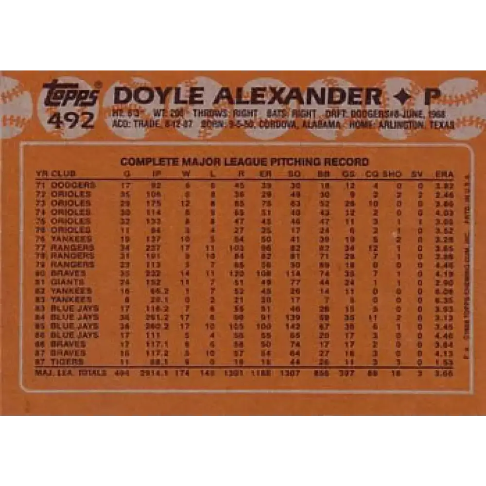 1988 Topps #492 Doyle Alexander NM-MT Detroit Tigers Baseball Card - Baseball Card Single