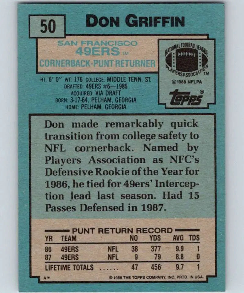 1988 Topps #50 Don Griffin EX Excellent San Francisco 49ers Football Card - Football Card Single