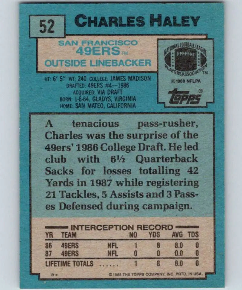 1988 Topps #52 Charles Haley EX Excellent San Francisco 49ers Football Card - Football Card Single