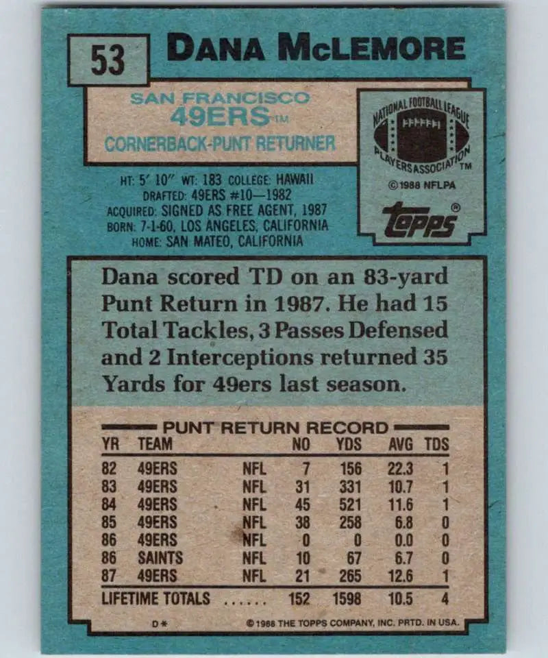 1988 Topps #53 Dana McLemore EX Excellent San Francisco 49ers Football Card - Football Card Single