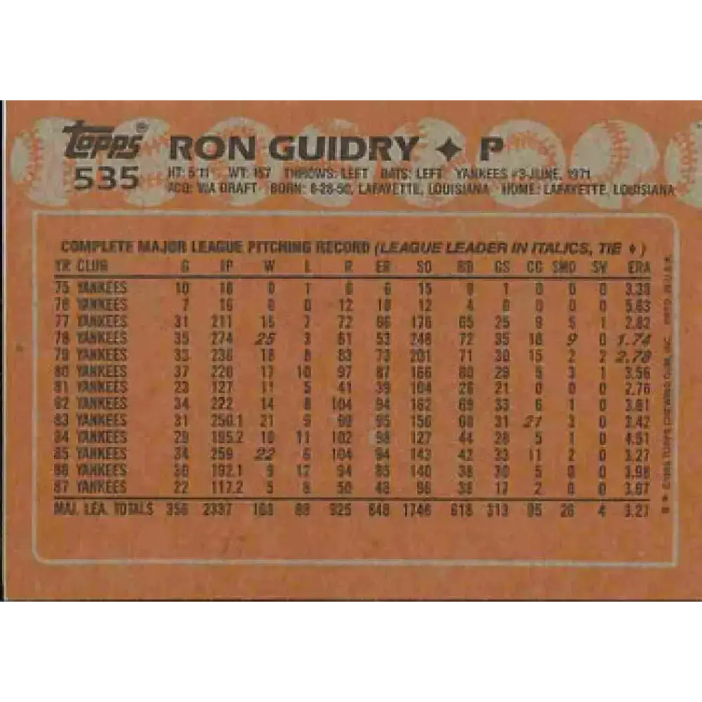 1988 Topps #535 Ron Guidry NM-MT New York Yankees Baseball Card - Baseball Card Single