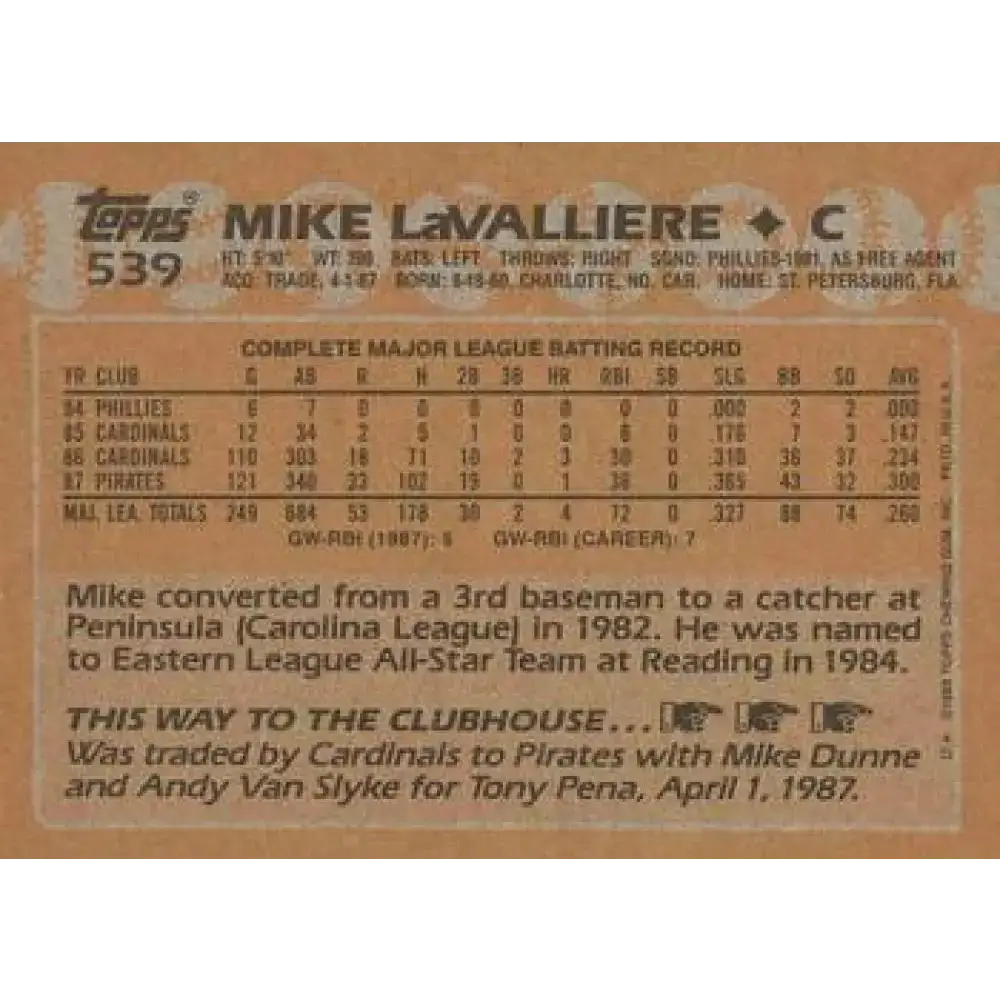 1988 Topps #539 Mike LaValliere NM-MT Pittsburgh Pirates Baseball Card - Baseball Card Single