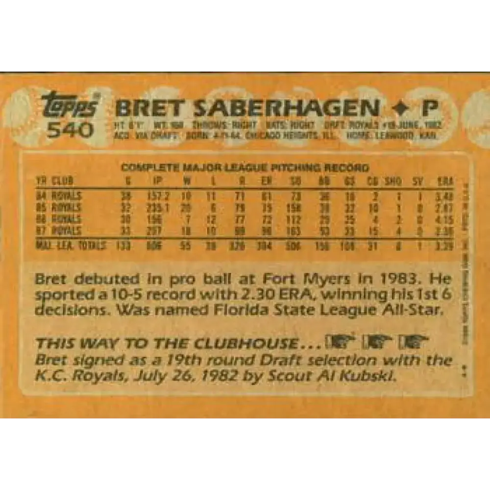 1988 Topps #540 Bret Saberhagen NM-MT Kansas City Royals Baseball Card - Baseball Card Single