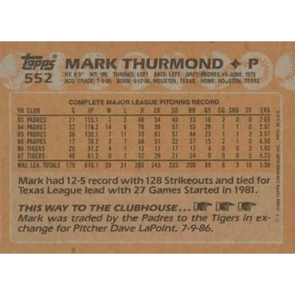 1988 Topps #552 Mark Thurmond NM-MT Detroit Tigers Baseball Card - Baseball Card Single