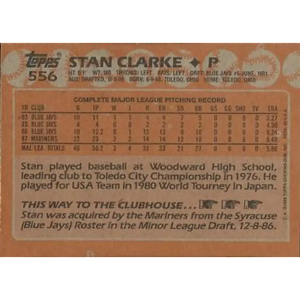 1988 Topps #556 Stan Clarke NM-MT RC Rookie Seattle Mariners Baseball Card - Baseball Card Single